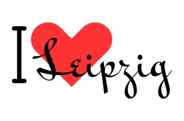 Leipzig 'i seviyorum, Almanya' yı. Kırmızı kalpli el yazısıyla yazılmış mektuplar. Vektör illüstrasyonu, modern tasarım