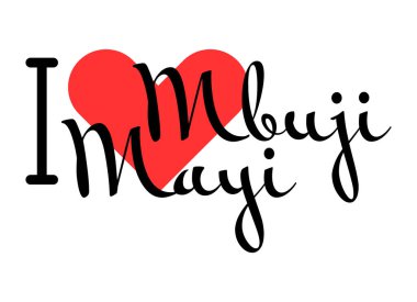 Mbuji Mayi 'yi seviyorum, DR Kongo şehri. Kırmızı kalpli el yazısıyla yazılmış mektuplar. Vektör illüstrasyonu, modern tasarım