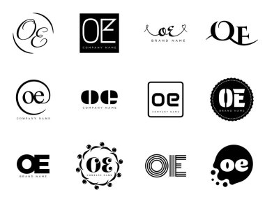 OE logo şirketi şablonu. Mektup O ve E logotype. Tasarım elemanları ile farklı klasik serif harfleri ve modern kalın metin ayarla. İlk yazı tipi tipografisi.