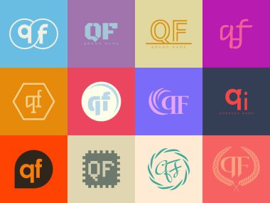 QF logo şirketi şablonu. Q harfi ve f logoti. Tasarım elemanları ile farklı klasik serif harfleri ve modern kalın metin ayarla. İlk yazı tipi tipografisi.
