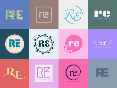 RE logo şirketi şablonu. R ve E harfi logoti. Tasarım elemanları ile farklı klasik serif harfleri ve modern kalın metin ayarla. İlk yazı tipi tipografisi.