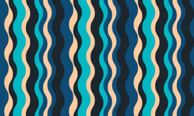 Deniz mavisi, bej ve koyu mavi renkli parlak dalgalı çizgiler retromodern bir desen oluşturur. Tekstil tasarımı için ideal, web sitesi geçmişi, ya da şık, dinamik bir görsel projeye ihtiyaç duyan her proje.