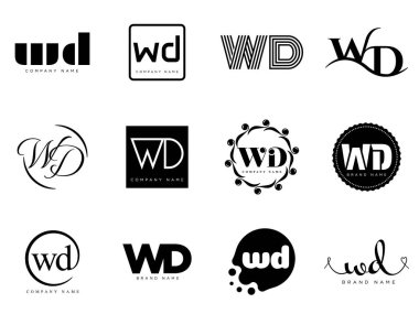 WD logo şirketi şablonu. Harf w ve d logotype. Tasarım elemanları ile farklı klasik serif harfleri ve modern kalın metin ayarla. İlk yazı tipi tipografisi.