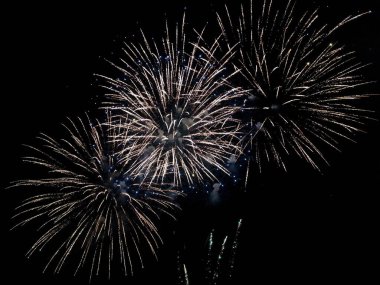 Karanlık bir gökyüzüne karşı çarpıcı bir havai fişek gösterisi.