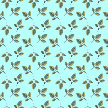 Soluk deniz mavisi arkaplanda stilize edilmiş yeşil ve zeytin yaprakları olan hoş, pürüzsüz bir desen. Tekstil tasarımı, ambalaj kağıdı ya da yeni, botanik bir dokunuşa ihtiyaç duyan dijital projeler için mükemmel..