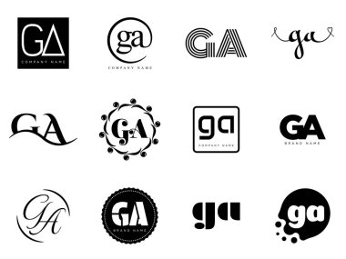 GA logo şirketi şablonu. G harfi ve logoti. Tasarım elemanları ile farklı klasik serif harfleri ve modern kalın metin ayarla. İlk yazı tipi tipografisi.