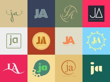 JA logo şirketi şablonu. J harfi ve logoti. Tasarım elemanları ile farklı klasik serif harfleri ve modern kalın metin ayarla. İlk yazı tipi tipografisi.
