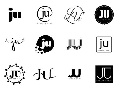JU logo şirketi şablonu. J harfi ve u logotype. Tasarım elemanları ile farklı klasik serif harfleri ve modern kalın metin ayarla. İlk yazı tipi tipografisi.