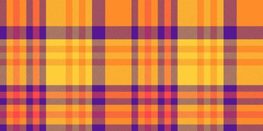 Canlı tartan kontrol vektörü, yaş kumaşı tekstil arka planı. Ceket deseni turuncu ve mor renk paleti ile kusursuz desenli..