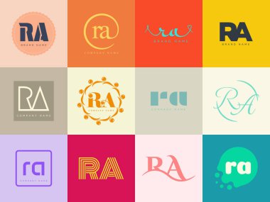 RA logo şirketi şablonu. R harfi ve logoti. Tasarım elemanları ile farklı klasik serif harfleri ve modern kalın metin ayarla. İlk yazı tipi tipografisi.