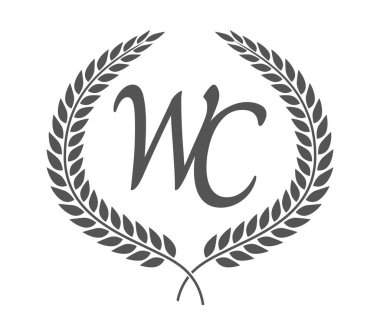 İlk harf W ve C, WC monogram logo tasarımı defne çelengi. Kaligrafi yazı tipli lüks amblem.