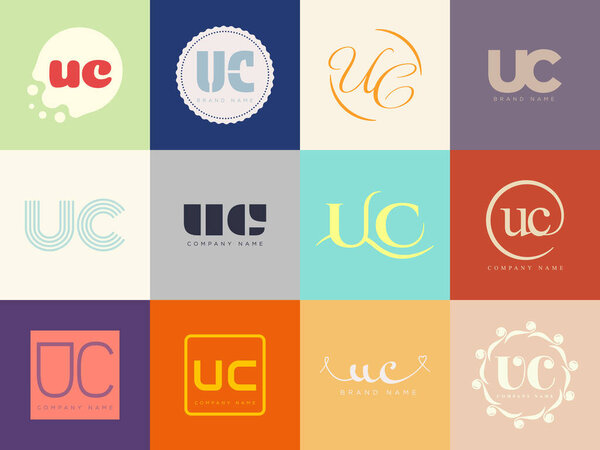 UC logo company template. Letter u and c logotype. Set different classic serif lettering and modern bold text with design elements. Initial font typography.