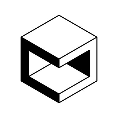 Küp logosu, geometrik vektör tasarımı. Siyah ve beyaz kutu logotip şirketi, izometrik 3 boyutlu teknoloji amblemi..