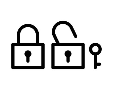 Kilitli ve kilitsiz bir asma kilidin koyu siyah ana hat simgeleri. Güvenlik, erişim veya web sitesi tasarımı için mükemmel bir anahtar. Uygulama arayüzleri ve sunumları için uygun, temiz, minimalist biçim.