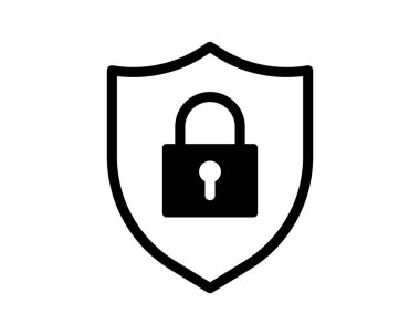 Kalın siyah asma kilit simgesi bir kalkanın içinde, güvenlik, koruma ve güvenliği temsil ediyor..