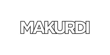 Nijerya ambleminde baskı ve ağ için Makurdi. Tasarım, modern yazı tipinde cesur tipografiye sahip geometrik stil, vektör illüstrasyonuna sahiptir. Beyaz arkaplanda izole edilmiş grafiksel slogan harfleri.
