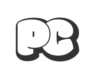 PC logosu, balon komedi harfleri, graffiti stili siyah beyaz siluet ile yuvarlanmış. Festival partisi için modaya uygun P ve C harfi metni, kişisel baş harfler, çocuklar için funky prinky ve web.