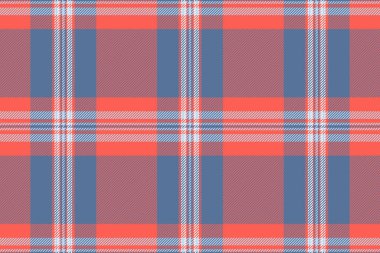 Etek ekose kontrol dokusu, dikey arka plan kumaş vektörü. Renkli tartan desenli, kırmızı ve mavi renk paletinde, dikişsiz tekstil..