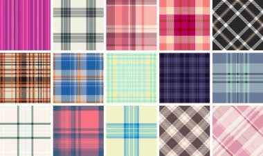 Vibrant collection of 16 diverse plaid patterns.  Perfect for textile design, fashion, website backgrounds, and scrapbooking.  Stylish and versatile textures in various colors and styles. clipart