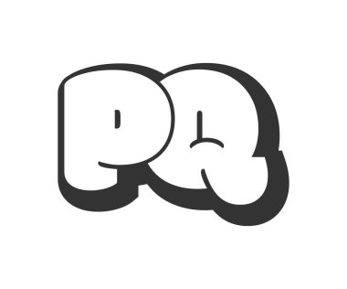 PQ logosu, karikatür harfleri, graffiti stili siyah beyaz siluet şeklinde yuvarlak. Festival partisi için modaya uygun P ve Q harfi metni, kişisel baş harfler, çocuklar için funky print ve web.