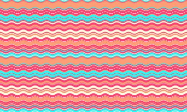 Mercan, pembe ve turkuaz renkli canlı dalgalı çizgiler tekstil tasarımları, web sitesi arka planları veya eğlenceli markalaşma için ideal yazlık desenler oluşturur..