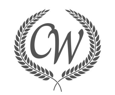 İlk harf C ve W, defne çelenkli CW monogram logo tasarımı. Kaligrafi yazı tipli lüks amblem.