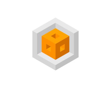 Gri altıgen çerçeveli turuncu bir küp içeren soyut izometrik tasarım. Teknoloji, mühendislik, mimari veya kurumsal sunumlar için mükemmel..