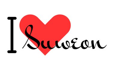 Suweon 'u seviyorum, Güney Kore' yi. Kırmızı kalpli el yazısıyla yazılmış mektuplar. Vektör illüstrasyonu, modern tasarım