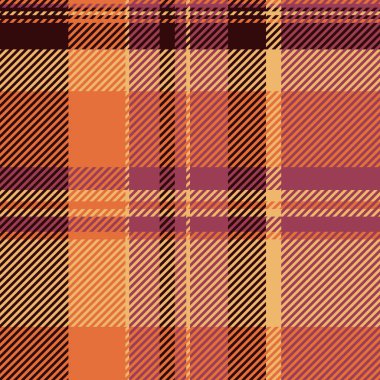 Rag tekstil vektörü, sıcacık desenli tartan kontrolü. Contour deseni turuncu ve kırmızı renk paleti ile dikişsiz arkaplan kumaşı.