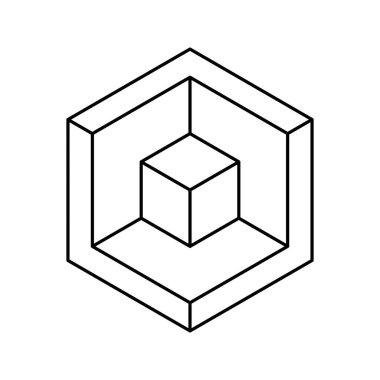 Altıgen içinde bir küp barındıran minimalist geometrik tasarım. Yapının, muhafazanın ya da iç içe geçmiş sistemlerin sembolü. Teknoloji, mimari ya da soyut tasarım projeleri için mükemmel..