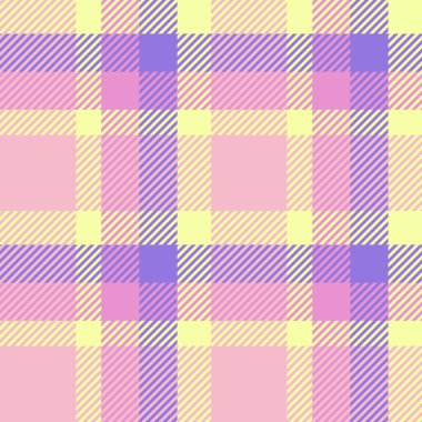 Pastel ekose desenli narin pembe, mor ve sarı renkler yumuşak ve neşeli bir tasarım oluşturur. Tekstil baskıları, ambalaj kağıtları, arka planlar ve daha fazlası için ideal..