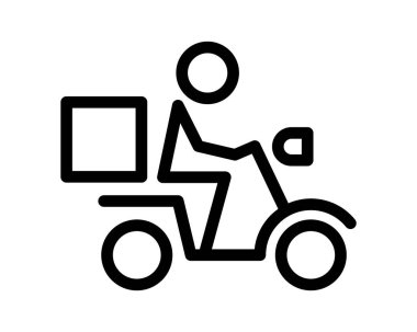 Bir paket taşıyan scooter 'a binen birini tasvir eden cesur bir sanat simgesi. Teslimat hizmeti uygulamaları, web siteleri ve basit, modern bir stile ihtiyaç duyan bilgi grafikleri için mükemmel..