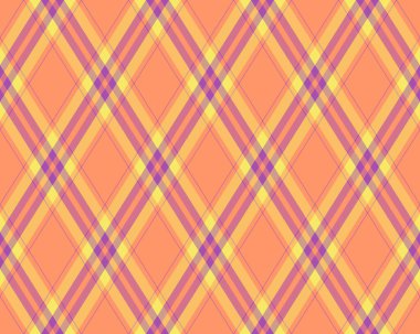 Sıcak şeftali, sarı ve mor renklerde canlı çapraz ekoseli desen. Tekstil tasarımı, web sitesi geçmişi ya da projelerinize biraz neşe katmak için mükemmel..