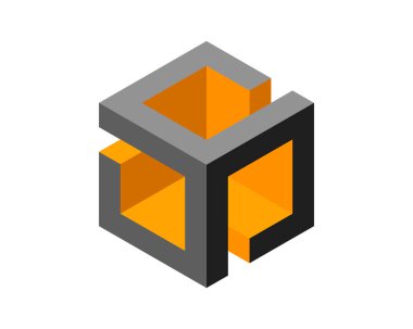 Soyut izometrik küp tasarımı. Birbirine kenetlenmiş gri ve turuncu şekiller teknoloji, mimari veya iş kavramları için mükemmel dinamik ve modern bir görüntü yaratır..