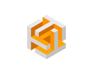 Soyut izometrik küp tasarımı. Birbirine kenetlenmiş turuncu ve gri şekiller karmaşık ama dengeli bir görüntü yaratır. Bağlantı, yenilik ve karmaşık çözümleri temsil eder.