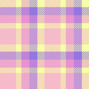 Pastel ekose desenli narin pembe, mor ve sarı renkler yumuşak ve neşeli bir tasarım oluşturur. Tekstil baskıları, ambalaj kağıtları, arka planlar ve daha fazlası için ideal..