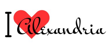 İskenderiye 'yi seviyorum, Mısır şehrini. Kırmızı kalpli el yazısıyla yazılmış mektuplar. Vektör illüstrasyonu, modern tasarım