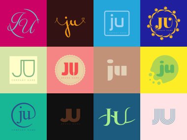 JU logo şirketi şablonu. J harfi ve u logotype. Tasarım elemanları ile farklı klasik serif harfleri ve modern kalın metin ayarla. İlk yazı tipi tipografisi.