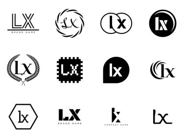LX logo şirketi şablonu. Birinci ve ikinci harf logoti. Tasarım elemanları ile farklı klasik serif harfleri ve modern kalın metin ayarla. İlk yazı tipi tipografisi.