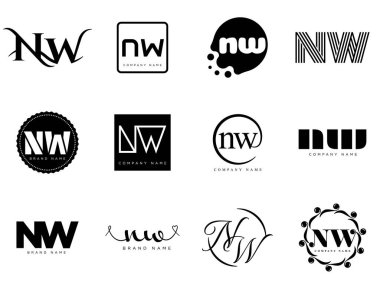 NW logo şirketi şablonu. Harf n ve w logoti. Tasarım elemanları ile farklı klasik serif harfleri ve modern kalın metin ayarla. İlk yazı tipi tipografisi.
