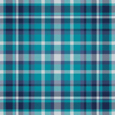 Kilt kumaş kumaş, piksel dikişsiz doku deseni. Yatak odası arkaplan tartan kontrol vektörü cyan ve koyu renk paleti.