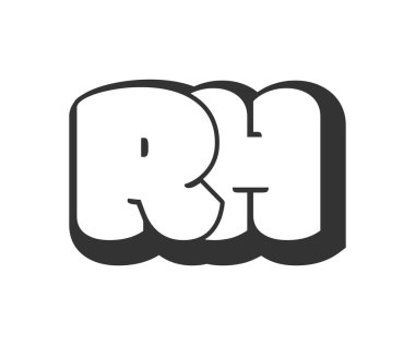 RH logosu, karikatür harfleri, graffiti stili siyah beyaz siluet. Festival partisi için popüler anaokulu R ve H harfi metni, kişisel baş harfler, çocuklar için funky prinky ve web.