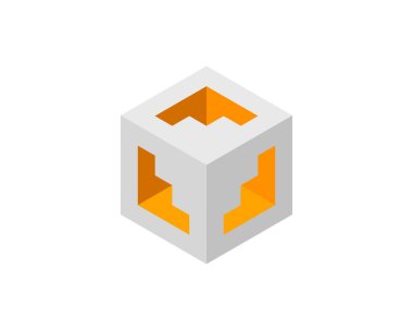 Küp logosu, geometrik vektör tasarımı. Kutu logoti şirketi, piksel biçiminde moda teknoloji amblemi.