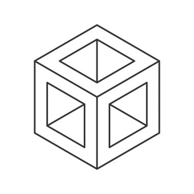 Küp logosu, geometrik vektör tasarımı. Tek renkli kutu logoti şirketi, izometrik çizgi biçiminde moda teknoloji amblemi.