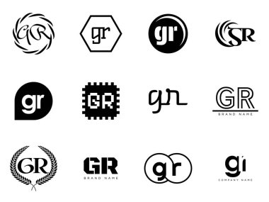 GR logo şirketi şablonu. G ve R harfleri logoti. Tasarım elemanları ile farklı klasik serif harfleri ve modern kalın metin ayarla. İlk yazı tipi tipografisi.
