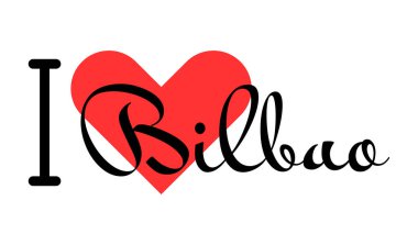 İspanya 'nın Bilbao şehrini seviyorum. Kırmızı kalpli el yazısıyla yazılmış mektuplar. Vektör illüstrasyonu, modern tasarım
