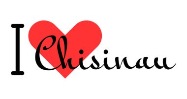 Moldova şehri Chisinau 'yu seviyorum. Kırmızı kalpli el yazısıyla yazılmış mektuplar. Vektör illüstrasyonu, modern tasarım