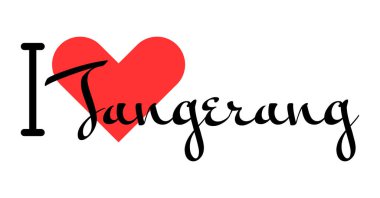 Tangerang 'ı seviyorum, Endonezya' yı. Kırmızı kalpli el yazısıyla yazılmış mektuplar. Vektör illüstrasyonu, modern tasarım