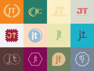 JT logo şirketi şablonu. J ve T harfi logoti. Tasarım elemanları ile farklı klasik serif harfleri ve modern kalın metin ayarla. İlk yazı tipi tipografisi.