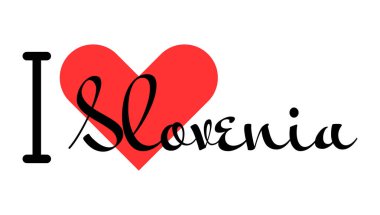 Slovenya 'yı seviyorum. Kırmızı kalpli el yazısıyla yazılmış mektuplar. Vektör illüstrasyonu, modern tasarım harfleri